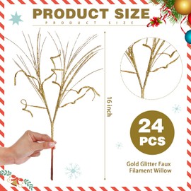 Craftsatin Christmas Glitter Curly Tree Picks Wispy Willow Stem Glittered Twigs Decor Wreath Garland Floral Arrangement Glitter Stems for Xmas Tree Decor(Gold,24 Pcs)