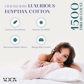 XOOX Linen 100% Egyptian Cotton Pillow Cases King Size Set of 2 - Luxury 1500 Thread Count Sateen White Pillow Covers, Silky Soft & Cooling Extra Long Staple Pillowcases, Fits King Size Pillows