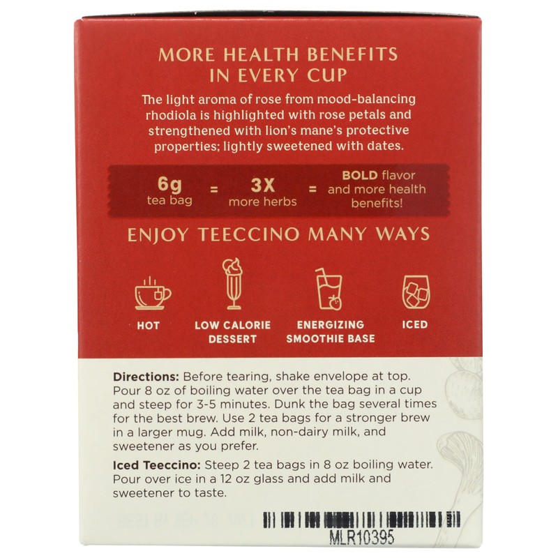 Teeccino Lion’s Mane Rhodiola Tea - Rose - Caffeine-Free Mushroom
