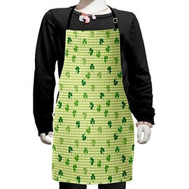 Ambesonne Irish Apron, Retro Classical Checkered Pattern with Green Shamrocks Clovers Garden Plants, Small Apron Bib with Adjustable Ties for Baking Painting, Small Size, Multicolor