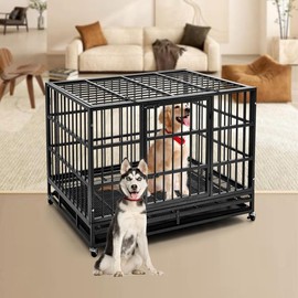 Upgraded XL Dog Crate: Sturdy 48 Inch Heavy Duty Steel Kennel with Dual Doors