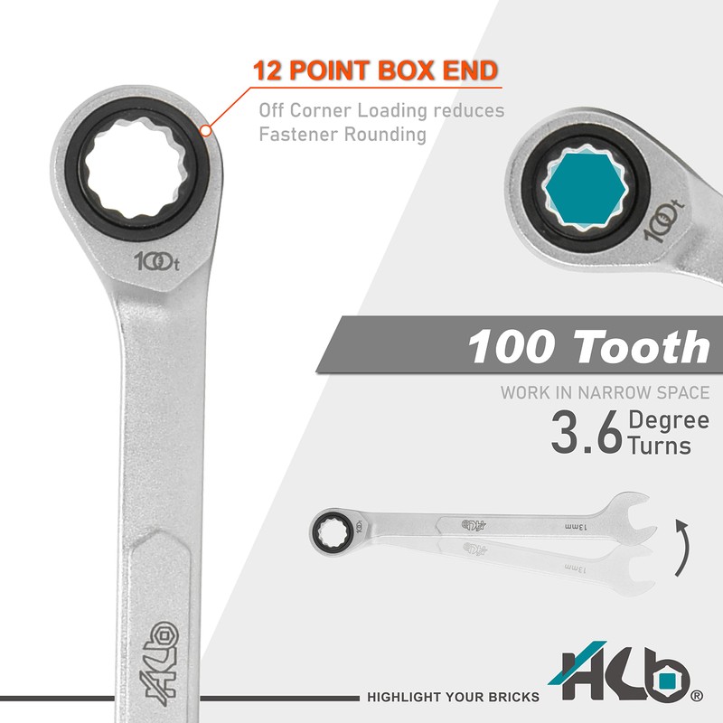 HB 13MM 100-Tooth Combination Ratchet Wrench, 3.6 degree swing arc,