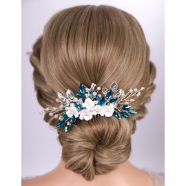 Teyglen Silver Leaf Rhinestone Headpiece Blue Crystal Bridal Hair Comb Boho Flower Rhinestone Wedding Hair Comb Floral Hair Piece Party Prom Hair Accessories for Women(Silver-Peacock blue)