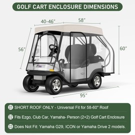 Rosefray Golf Cart Enclosure,2+2 Golf Cart Drivable Enclosure Rain Cover Short Roof 58" EZGO, Club Car- Durable Door Zipper - (4 Seater Golf Cart Cover) 4-Sided Clear Windows-Light Khaki