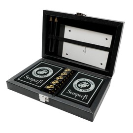 Military Gift Shop Marine Corps Playing Cards and Dice Set – Black Leather Keepsake Box, Playing Cards with USMC Rank Insignia, EGA Dice | USMC B&S Card Set