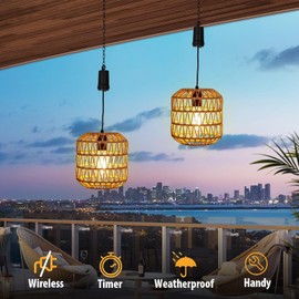 Livinlarge Battery Operated Hanging Pendant Ligh,Battery Outdoor Chandelier,Rattan Light with Warm White Bulb,4*AA Battery Powered for Gazebo Backyard Pergola Porch Patio Outdoor Indoor Decor