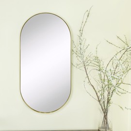 TEHOME Brushed Gold Oval Bathroom Mirror 20x40'' Pill Shaped Oblong Vanity Mirror Metal Framed Capsule Mirror for Wall in Stainless Steel Rounded Mirrors for Wall Mounted