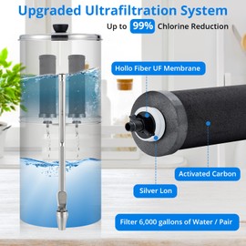 Garvee 2.25G Gravity-fed Water Filter System, Stainless Steel Countertop Filter System with 2 Filters and Stand, Reduce 99% Chlorine, for Home, Camping, RV, Fishing