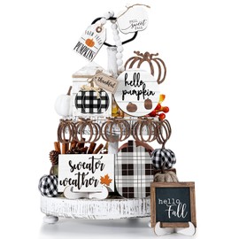 Reallnaive 18 Pcs Fall Thanksgiving Tiered Tray Decor Set Pumpkin Leaf Buffalo Plaid Wood Sign Hello Fall Rustic Farmhouse Tray Decoration Tabletop Sign for Autumn Home Kitchen Festival(Vintage Plaid)