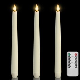 Homemory 3 Pcs Waxy Flameless Taper Candles with Remote, Flickering Battery Operated Classic Tall Candles for Home, Wedding, Party, Ivory, 9.6 inches