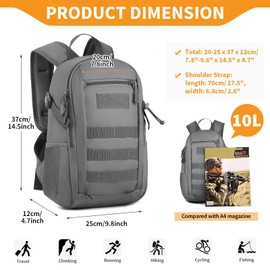 HUNTVP 10L/20L Mini Tactical Backpack Daypack Military MOLLE Backpack Rucksack Gear Tactical Assault Pack Bag (10l-grey)