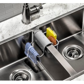 Madesmart Over-The-Sink Towel and Sponge Saddle with Ventilation Holes, Dish Cloth and Sponge Holder Sink Caddy for Divided Sinks, Silver