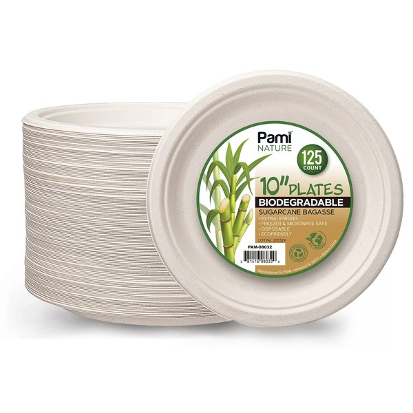 PAMI 100% Biodegradable Sugarcane Plates [Pack of 125] 10'' - Natural Compostable Dinner/Dessert Plates- Planet-Friendly Bagasse Plates For Hot & Cold Uses- Strong Microwavable Disposable