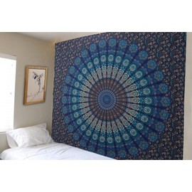 Furnishful Finesse Mandala Peacock Tapestry Boho Wall Hanging Tapestries Indian Wall Cloth Tapestry for Living Room Bedroom and Home Decor- Navy Blue, 84X90 Inches