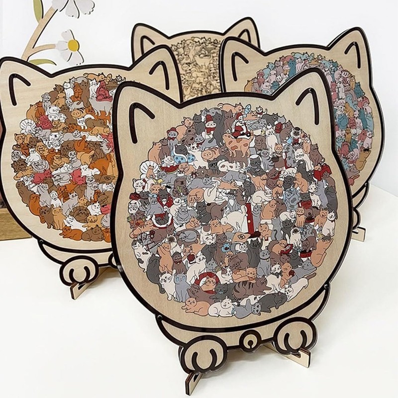 Cat Shape Wooden Puzzle, Cat Outline Frame with Acrylic Cover,