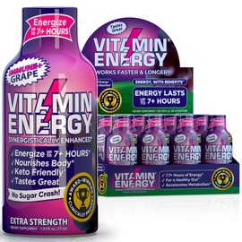 Vitamin Energy Extra Strength Energy Drink Shots | Natural Nutrients to Energize & Support Immune System | Sugar & Carb-Free | Immunity Formula | up to 7+ Hours | Grape - 1.93 fl oz - Pack of 48