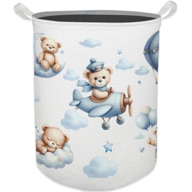 HKTZM Baby Nursery Laundry Basket, Toybox for Boys Girls Room, Cute Blue Bear Laundry Basket Hamper Waterproof Collapsible Clothes Toys Storage Bin Organizer for Kids Room Playroom Bedroom Bathroom