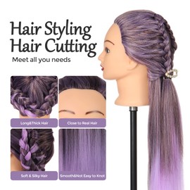Auzass Hairdressing Head, Hairstyle Head, 26-28 Inches, 100% Synthetic Hair, Soft Practice Head, Hairdressing Head, Training Heads for Practising Hairstyles with Holder + DIY Hair Set