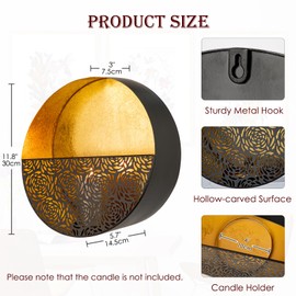 Luxury Metal Wall Candle Sconces – Large Handcrafted Wall-Mounted Tealight Candle Holders with Gold Leaf Interior – Modern & Rustic Home Décor for Living Room, Hallway – 11.8" Black Single Piece