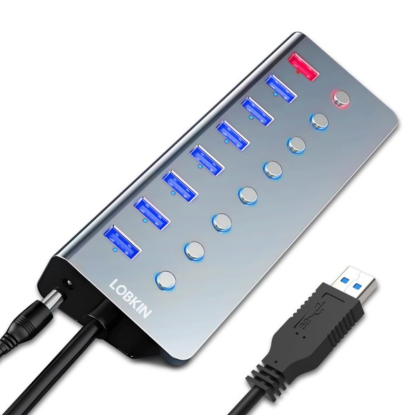 Powered USB 3.0 Hub, LOBKIN 7 Port USB Hub Active 3.0 with Power Supply & 1 Smart Charging with Switch, LED Indicator for PC, Laptop, Tablet, Windows, Mac OS, Linux (DC USB Power Cable)