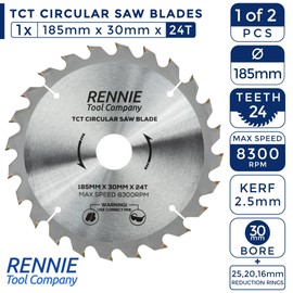 2 Pack - 185mm x 24T & 40T TCT Circular Saw Blades x 30mm Bore + 25mm/20mm/16mm Bore Reduction Rings Fits Evolution Bosch Makita Ryobi Dewalt Circular Saws Etc. Fits 190mm Circular Saw