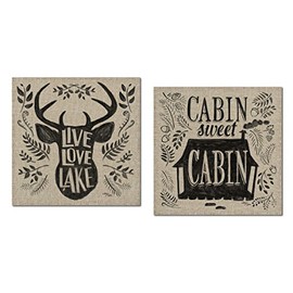 Classic Deer Silhouette and Cabin "Live Love Lake" and "Cabin Sweet Cabin" Set by Wellington Studios; Lodge Decor; Two 12x12in Paper Posters
