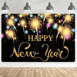 New Year's Eve Decoration 2024 New Year Banner, Black and Gold Banner Decoration New Year's Eve 180 cm x 108 cm Large Happy New Year Decoration Banner, New Year's Eve Party Banner Decoration for New