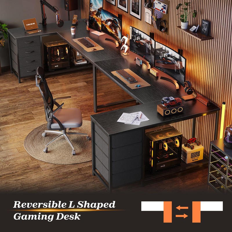 PRAISUN 61" L Shaped Desk with Power Outlets and USB-C