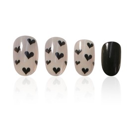 24 PCS Valentine's Day Press on Nails Short Almond Fake Nails Glossy Black False Nails with Litter Love Heart Patterns Acrylic Nails Full Cover Artificial Nails Tips for Women Manicure