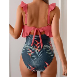 Eomenie - Traje de baño de una pieza para mujer, con control de barriga, con volantes, cuello en V, fruncido, traje de baño adelgazante, corte, Rosa (Pink Print), XX-Large