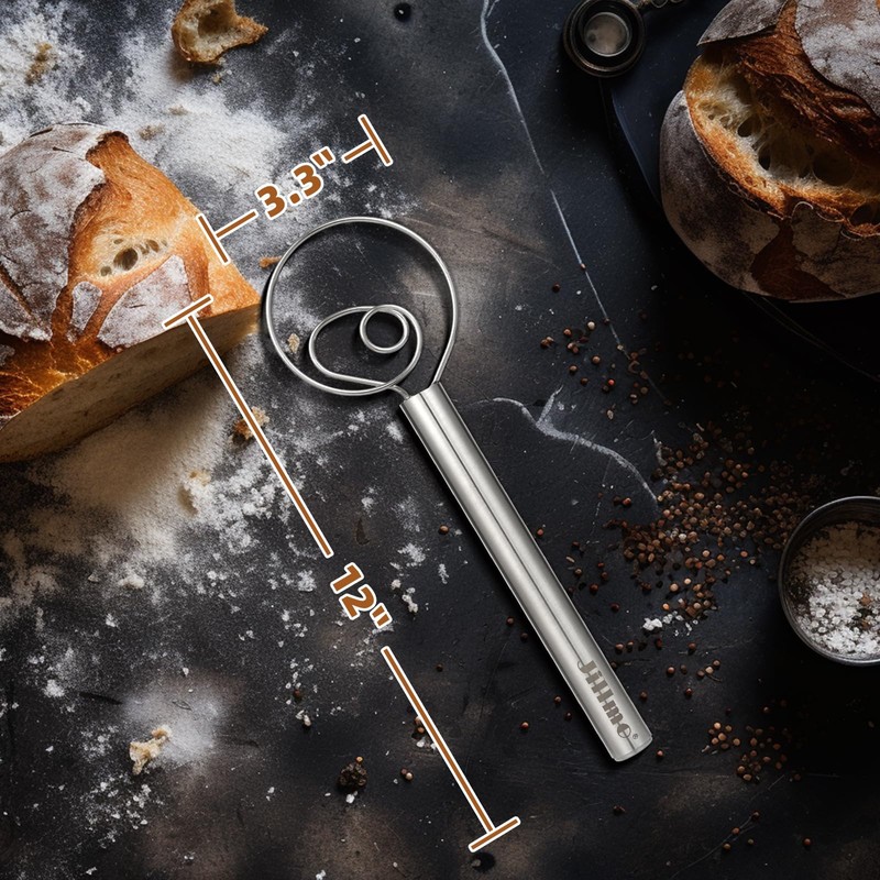 Jillmo Danish Dough Whisk, 12inch Stainless Steel Bread Whisk