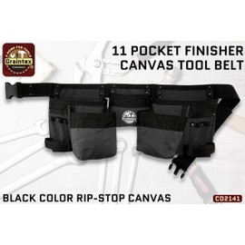 Graintex 11 Pocket Finisher Tool Belt, Premium Quality Rip-stop Canvas for Constructors, Electricians, Plumbers, Handymen (Black, 11 Pocket)