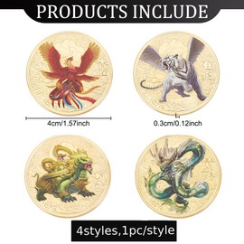 WEBEEDY 4 Pieces 40 mm Chinese Ancient Mythical Creatures Lucky Charm Challenge Coin Lottery Lots Scratch Tool
