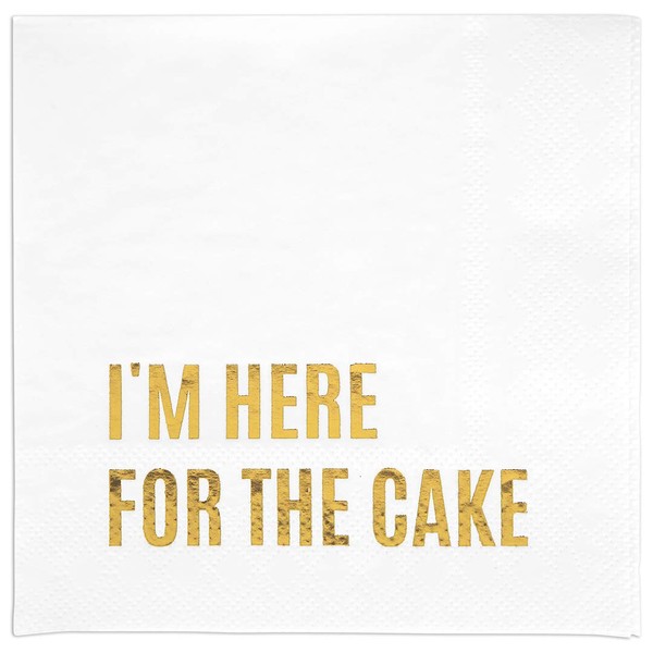 Andaz Press Foil I'm Here for The Cake Saying Cocktail Napkins, 5-Inch Bulk 50-Pack Count 3-Ply Disposable Fun Beverage Napkins for Wedding, Bridal Shower, Bachelorette, Birthday, Holiday (Gold)