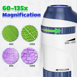 Mini Microscope for Children with Slide Set: 60 x 135 x LED Pocket Microscope Portable Handheld Microscope Educational Gift for Children Students Adults Microbiological Observation - Navy Blue