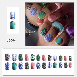 24Pcs Colorful Press on Nails Short Square Fake Nails with Flowers Stripe Irregular Pattern Designs Acrylic Glue on Nails Full Cover Stick on Nails Glossy Artificial Nails for Women