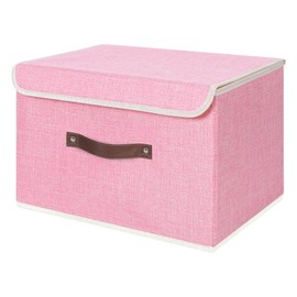 ANMINY Storage Bin with Lid Storage Boxes with PU Leather Handles PP Plastic Board Decorative Foldable Lidded Cotton Linen Fabric Home Cubes Baskets Closet Organizer Container - Pink, Large Size