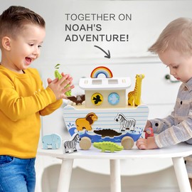 bpmfkid Noah's Ark Wooden Toy Set, Educational Wooden Animal Toys for Toddlers, Montessori Shape Sorter Educational Toys, Bible Story Engagement & Perfect Baptism, Christening Gift for 2-4 Y