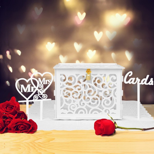 Wedding Card Box, KPOSIYA Hollow Out Wooden Card Box with Lock & Card Sign & Lace Table Mat , Wedding Decorations Card Receiving Box Card Box for Wedding Reception Birthday Party Baby Shower Anniversaries (White, Card box)