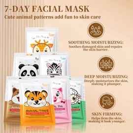 Face Mask Set, Face Mask Children, Animal Pattern Cloth Masks Face, Children's Face Masks Girls, Face Mask Women, Oil Regulating Moisturising and Nourishing, Pack of 7 (B)