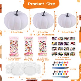 Shinybox 12 Pieces DIY Pumpkin Craft Set, DIY Pumpkin Decoration, White Artificial Pumpkin with 16 Stickers and Colours, Autumn Crafts for Children, Autumn Gifts Party Favours Decoration Set