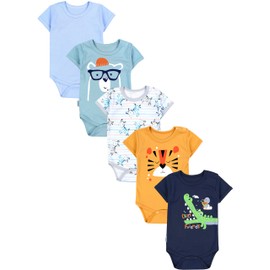 TupTam Boys' Baby Bodysuit Short Sleeve in Plain Colours - Pack of 5, Crocodile Dark Blue Tiger Mustard Yellow Zebra Blue