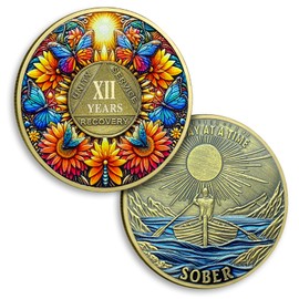 12 Year Sobriety Coin Sunflower Ten Year Sobriety Coins Butterfly AA Chips and Medallion One Day at A Time AA NA Coin Recovery Anniversary Token Sobriety Gifts for Men Women Alcoholics Anonymous Gift