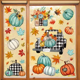 JarThenaAMCS 9 Sheet Fall Window Clings Teal Blue Pumpkin Maple Leaves Truck Window Stickers Double-Side Glass Decals for Thanksgiving Autumn Harvest Home Party Shop Display Decoration