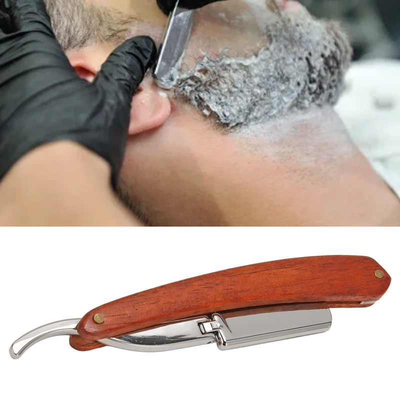 Folding Manual Straight Clipper Wooden Handle Barber Foldable Manual Beard