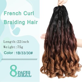 French Curly Braiding Hair 22 Inch 8 Packs Curly Braiding Hair Pre Stretched French Curls Braiding Hair French Curl Crochet Braids Loose Wavy Curl Braiding Hair Extensions(22 Inch/Pack of 8, 1B/33/30)