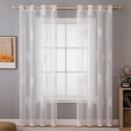 MIULEE 2 Panels Sheer Curtains White Embroidered Leaves Sheer Curtains Elegant Grommet Window Voile Panels/Drapes/Treatment for Bedroom Living Room (54X96 Inch)