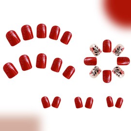 TENPAL Red Press on Nails Short Square Shiny Glitter Glossy Fake Nails with Bright Flowers Pattern Autumn Winter Wearable False Nail Art Detachable 24pcs Full Cover Fall Artificial False Nails Tips