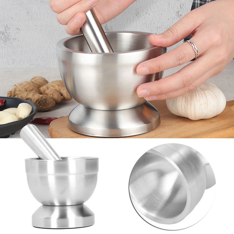 Mortar Pestle Set Stainless Steel Manual Garlic Press Grinder Crusher