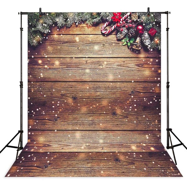 Christmas Wood Wall Backdrop Snowflake Gold Glitter Xmas Rustic Barn Wooden Floor Photography Background for Children Adult Family Party Portrait Photo Studio Booth Photobooth Photographer Prop 8x8ft